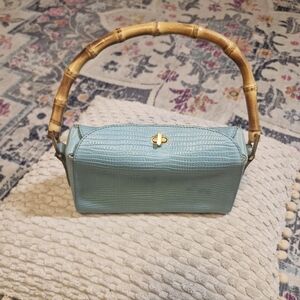 Mon Sac Women's Sky Blue Faux Croc Shoulder Bag with Bamboo Handle